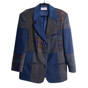 Vtg Casual Corner Wool Mixed Plaid Patchwork Blazer 12 Suede Collar 90s Academia